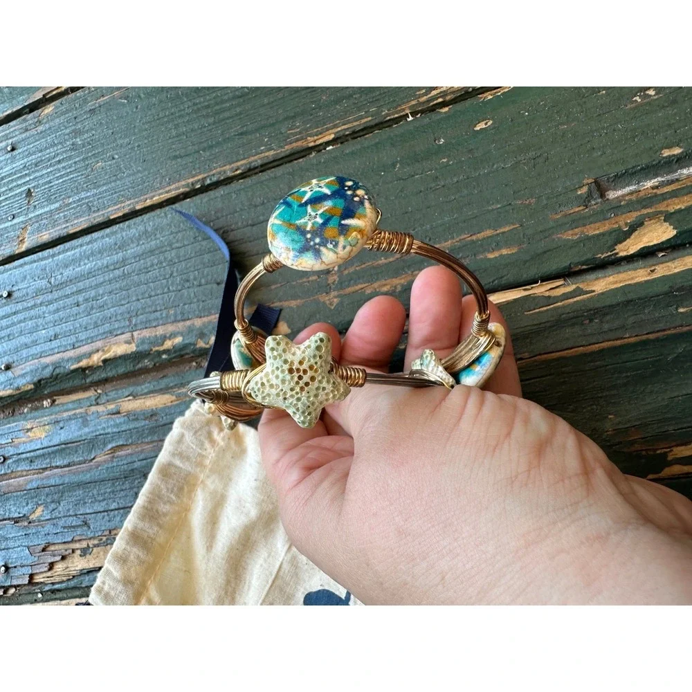 Chloe‎ + Isabel Starfish Coastal Wire Wrapped Bangle Bracelet Set Teal Gold 2pc